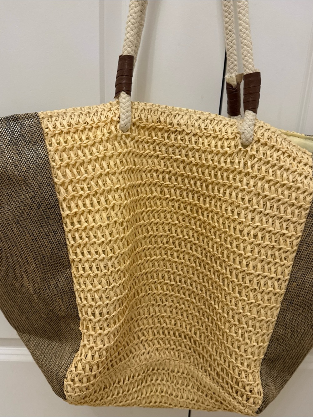 Natural Woven Tote with Brown Side Panels and Rope Handles
